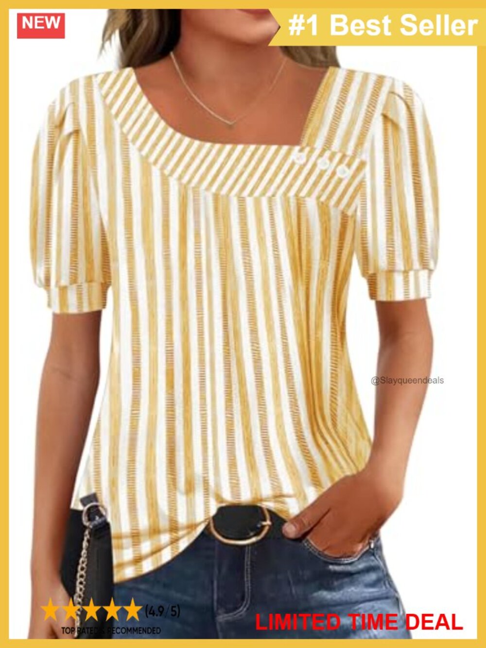 Asymmetrical Square Neck Puff Sleeve Blouse Button Front Tunic Top